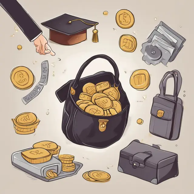 A person holds a purse containing various financial elements - coins symbolize emergency funds, gold bars represent investment funds, and a graduation cap signifies college savings