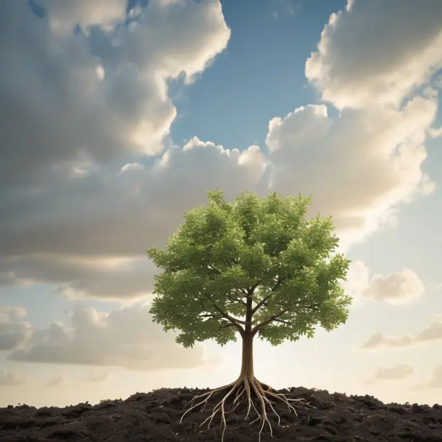 Image of a young tree sprouting from a seedling, with roots reaching into three pots labeled