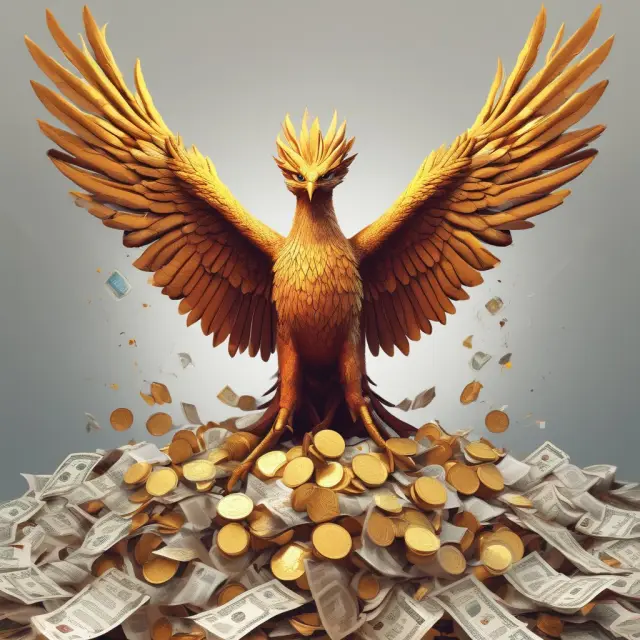 A mythical Phoenix emerging from a pile of golden coins and government financial documents, representing the transformation of public funds through effective management.