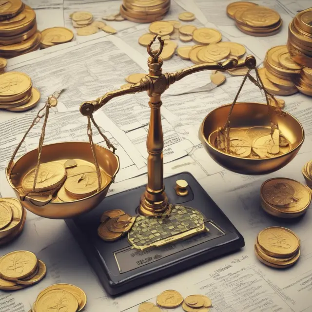 Golden scales balance coins with financial reports, representing the process of fundamental analysis in investment decision making