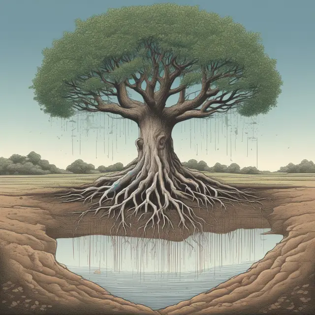 An image of a sturdy tree representing funded debt, with deep roots symbolizing long-term stability and contrasted by rainwater droplets illustrating unfunded debt