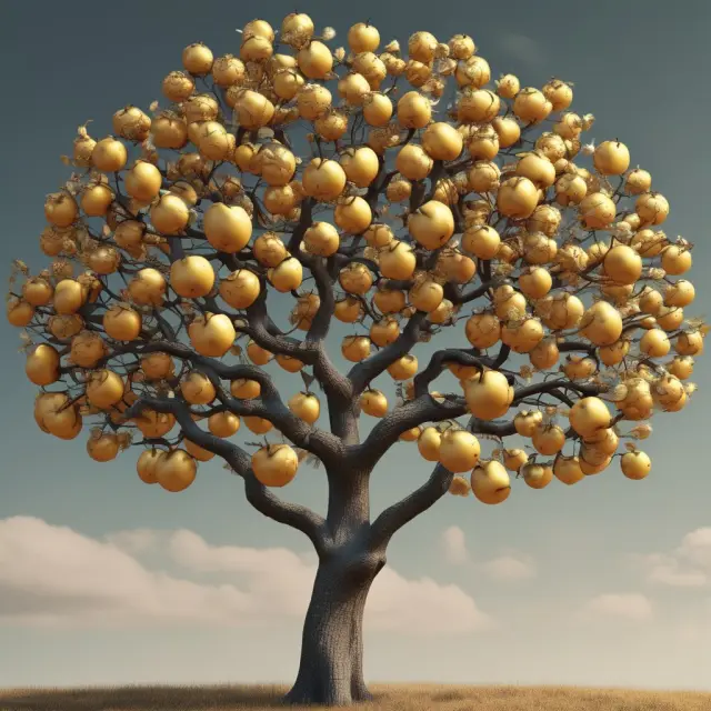 An apple tree with golden apples and intricately woven interest payment branches.