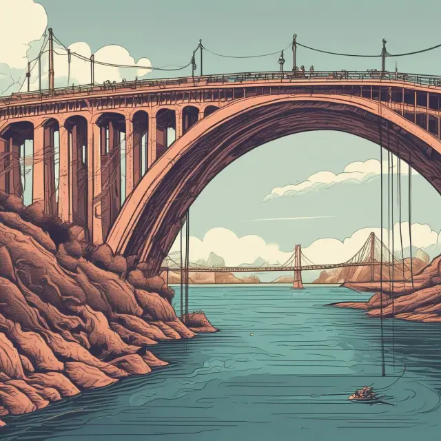Borrowers and lenders connected by a bridge, interest payments represented as water flowing between them, with tax implications symbolized by the bridge