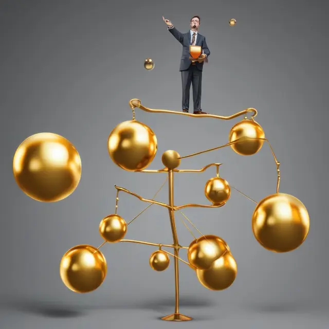 An investor meticulously balancing gold balls signifying funded debt investments on a scale, emphasizing risk management in investment decisions.