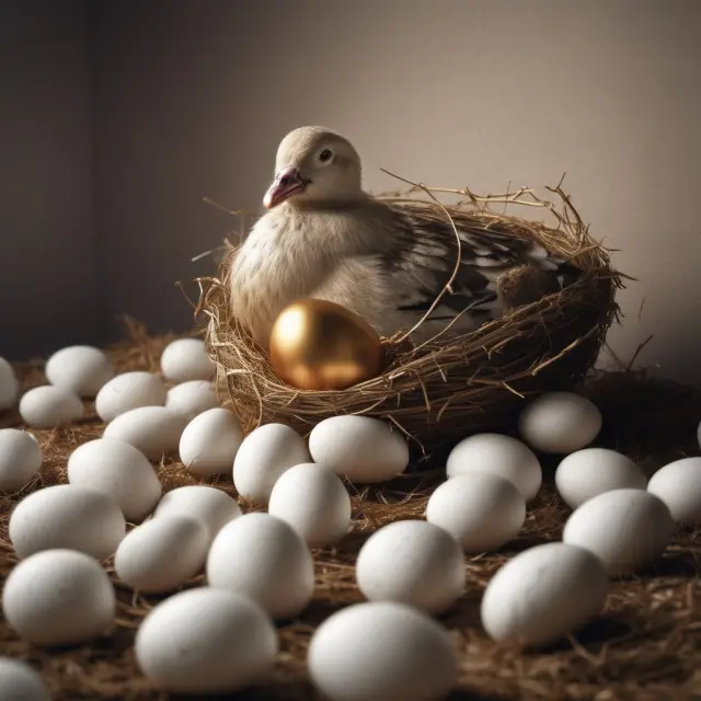 Golden goose symbolizing FOF with higher fees laid as eggs inside a nest of overlapping holdings from underlying funds, emphasizing the challenges for investors