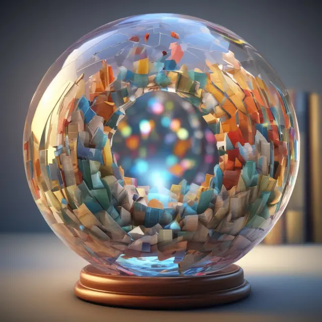 Image of a colorful mosaic of various funds blending together, symbolizing diversification within Funds of Funds. Crystal ball represents the potential future performance.