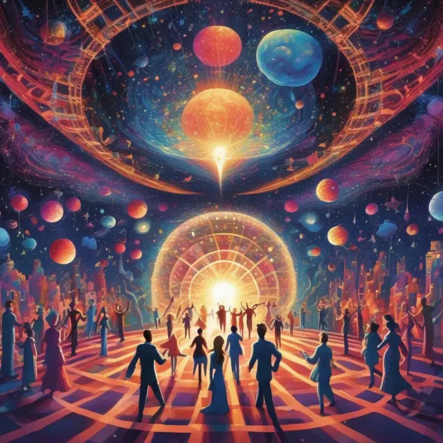 Interchangeable bosons like photons and electrons dance together in the cosmos, representing their indistinguishable properties