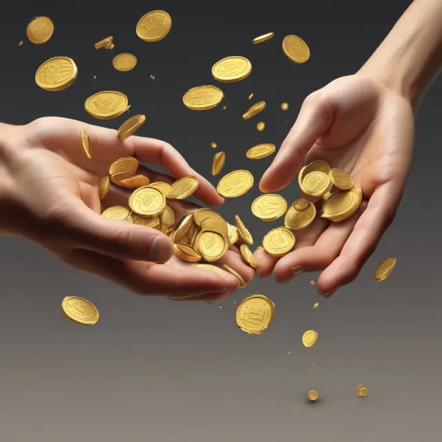 A person exchanging identical gold coins with another, representing the ease and interchangeability of fungible assets