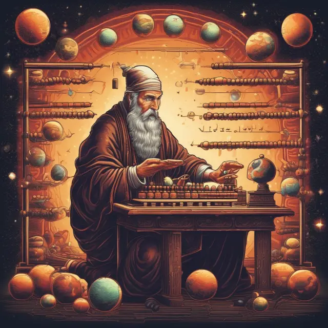 Ancient scholar computing future value of an ordinary annuity using a cosmic abacus with planets illustrating cash flows and stars indicating compounded growth