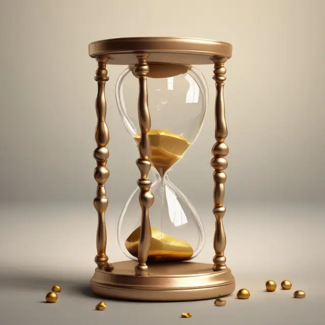 Golden hourglass pouring alternating present value and future value droplets, illustrating the essential connection between time and investment worth
