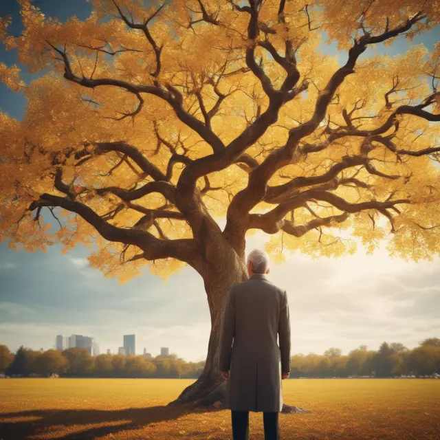 An elderly man examines a golden tree displaying intertwined present and future values, representing the importance of financial planning in retirement.