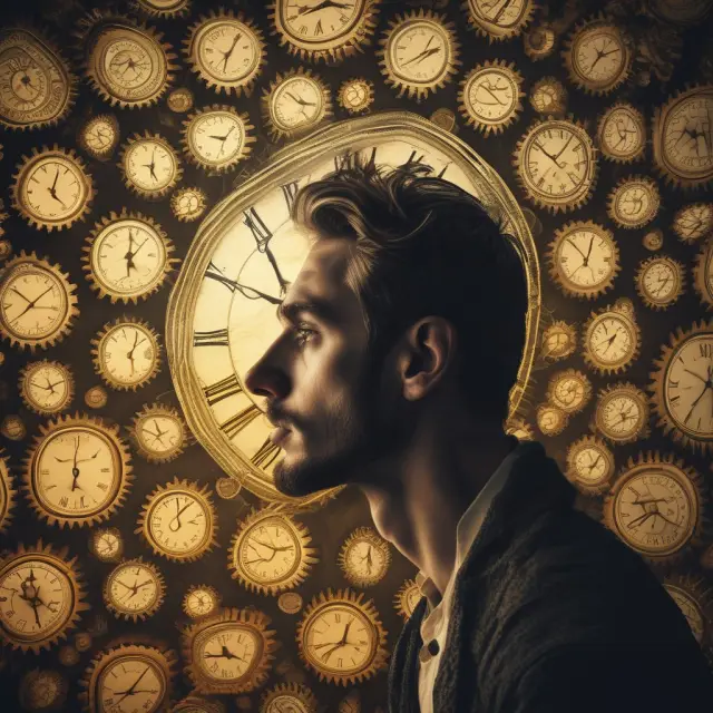 Trader examining a golden clock adorned with futures contracts as gears, reflecting the importance of timing in futures trading.