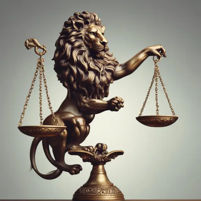 A trader balances a set of futures contracts on a scale, while a protective lion guards a group of risk management tools.