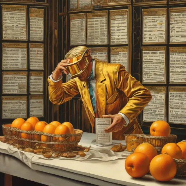 A skilled trader with a golden magnifying glass, analyzing successful trades using orange juice, gold, and crude oil futures contracts