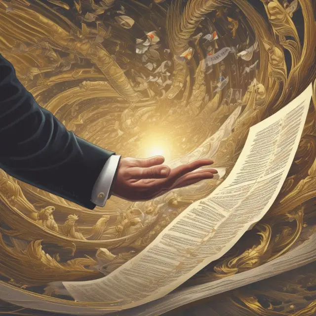 An investor reaching towards a golden contract scroll in a vortex of interconnected financial instruments: stocks, currencies, and futures.