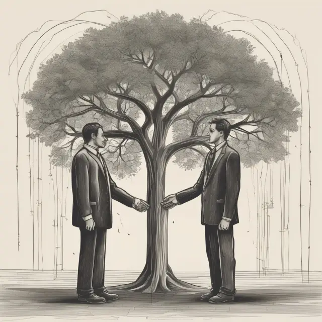Market participants agreeing to buy/sell underlying assets with a futures contract at a predetermined price and date, symbolized by shaking hands under a tree
