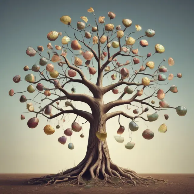 A blooming tree with various fruits representing commodity, currency, financial, agricultural, energy, and metal futures contracts