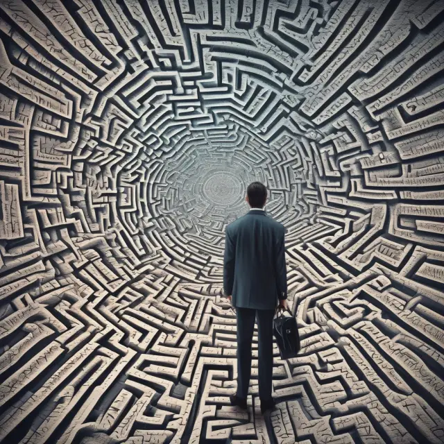 A futures trader, surrounded by financial charts, consults a maze-like guidebook of exchange rules