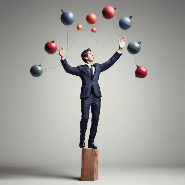 Juggler skillfully managing risk balls labeled