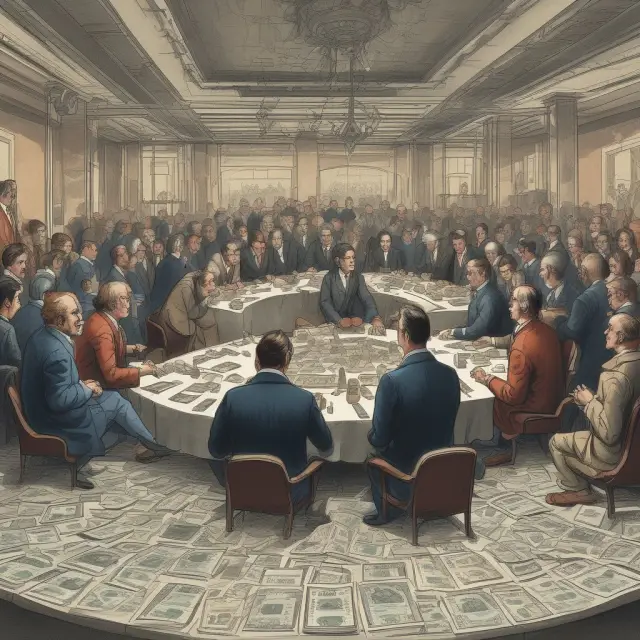A vibrant scene of exchanges, clearinghouses, brokers, regulatory bodies, hedgers, and speculators interacting at a bustling futures market table