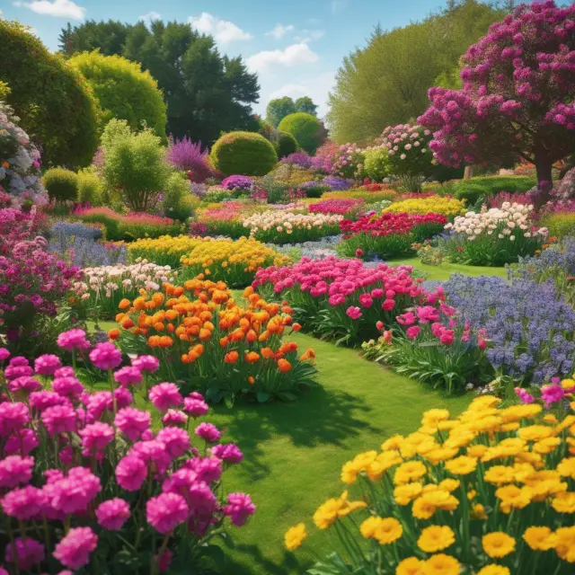 An ornate garden filled with vibrant blooms representing various assets traded in futures markets: agricultural commodities, energies, metals, currencies, interest rates, and indices.
