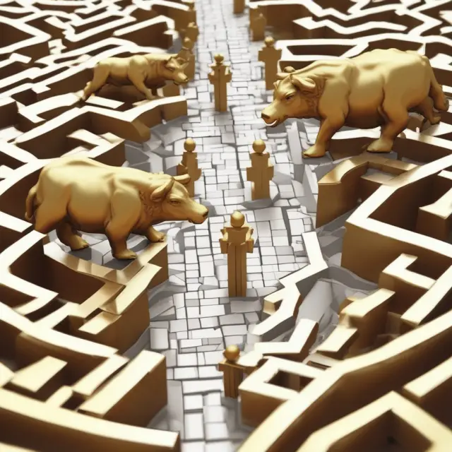 A scale with a golden bull and bear balanced above a labyrinthine futures market maze, representing the advantages and disadvantages of participating in futures trading.