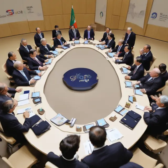 An image of the G20 leaders sitting at a round table, each holding a currency representing their country, emphasizing international cooperation and unity in addressing global economic issues.