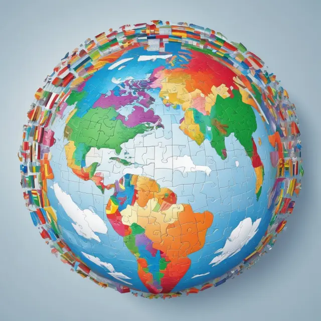 A globe made up of jigsaw puzzle pieces, with seven developed nations forming one half and the other half illustrating a more diverse group of 13 countries representing the G-20.