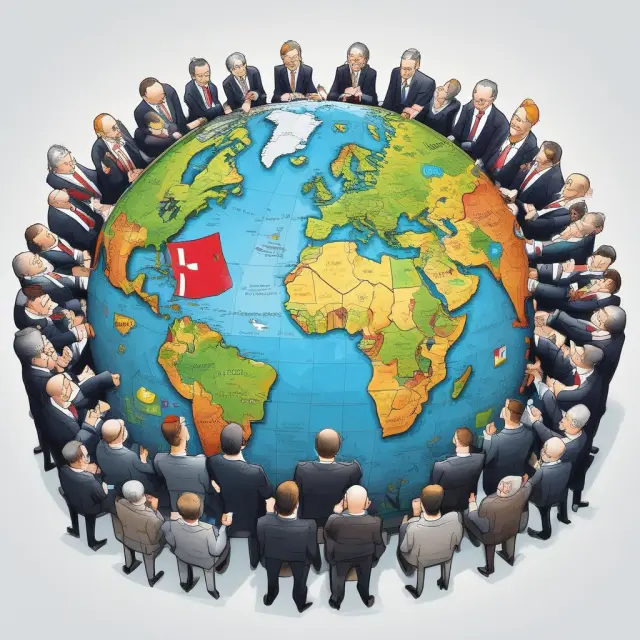 A round table filled with world leaders representing economically connected nations, collaborating to discuss and shape global financial matters.
