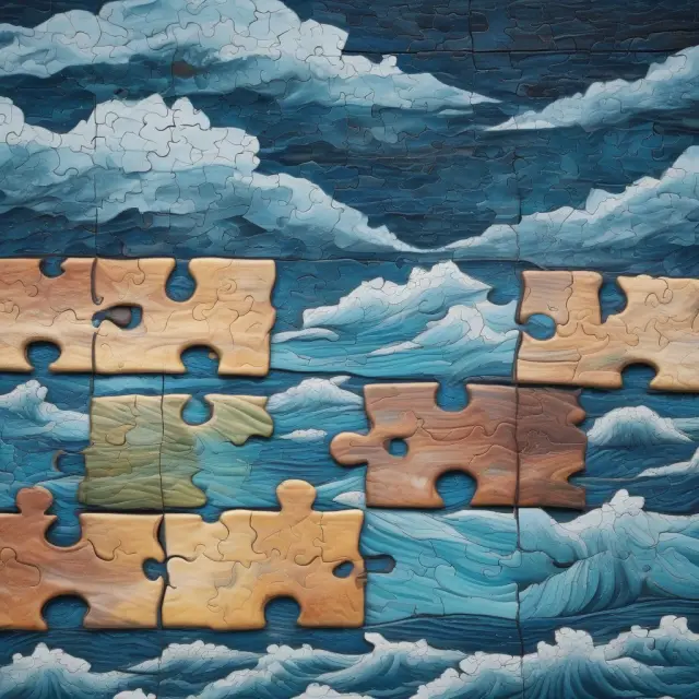 A jigsaw puzzle with missing pieces representing transparency and representation issues within the G-20, while a stormy sea symbolizes unaddressed climate change and social inequality concerns
