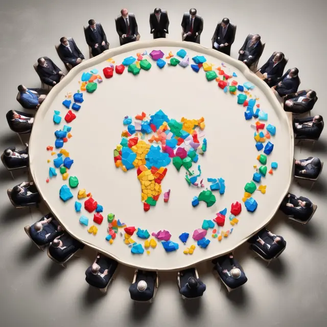 An image of twenty gems symbolizing the G-20 countries gathered around a circular table for global economic discussions
