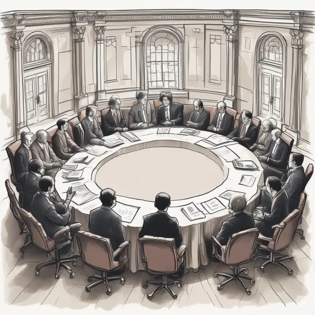 A group of esteemed economists discussing international financial matters at a round table.
