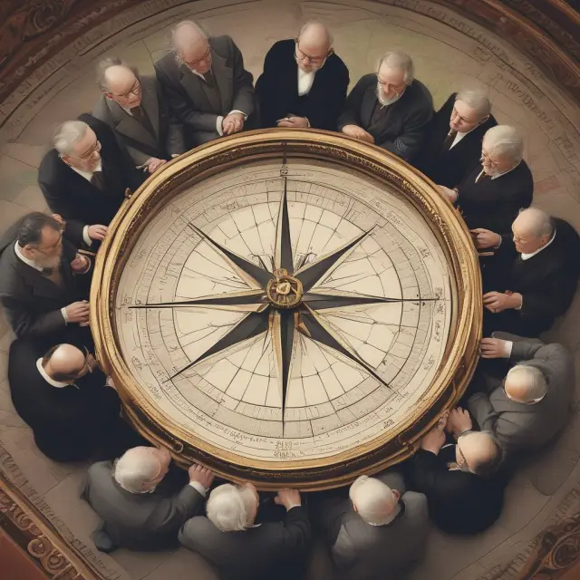 A group of wise economists huddled around an ancient compass, discussing the direction of global finance history.