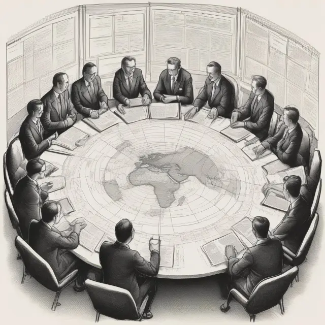 A round table filled with global economic charts and reports surrounded by influential leaders discussing international trends