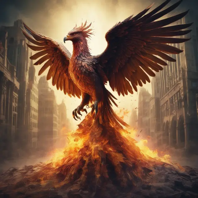 An image of a majestic phoenix emerging from the ruins of old financial documents, signifying the transformative impact of the Group of Thirty