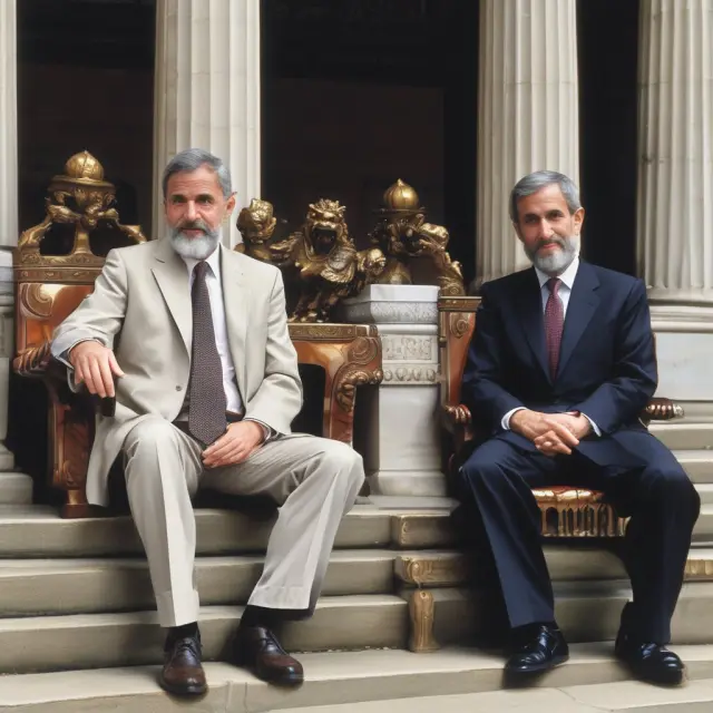 An image of Paul Krugman and Mark Carney standing tall as influential pillars in a grand financial temple, symbolizing their significant contributions to international finance.