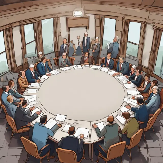 Image of a diverse group of 30 wise leaders sitting at a round table, engrossed in an intense discussion about economic topics
