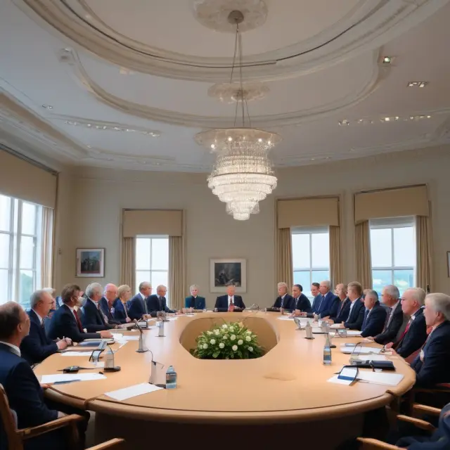 Leaders from G-7 countries gathered at a roundtable, collaborating on resolutions for international economic issues. Image features seven individuals in suits.