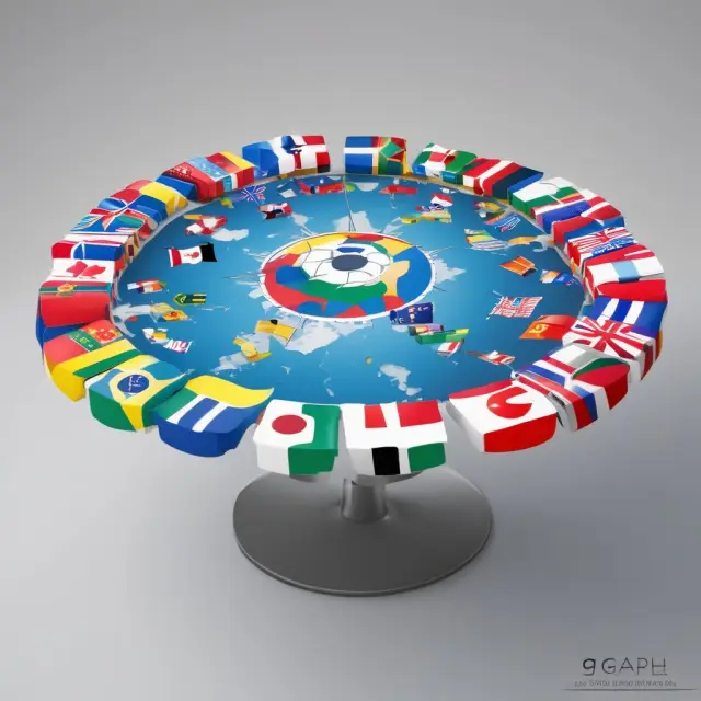 Table of flags representing the G-7 nations and a globe encircled by interconnected gears symbolizing their influence on the global economy.