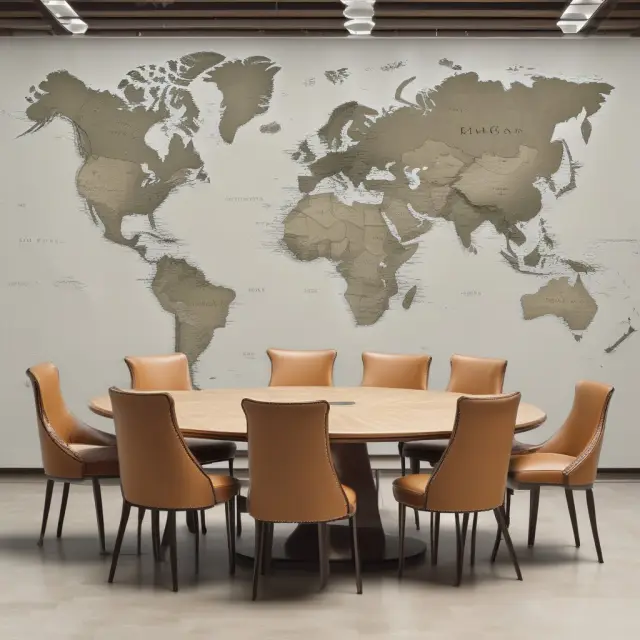 Seven chairs in a table, one empty, with a world map depicting Paris as a starting point