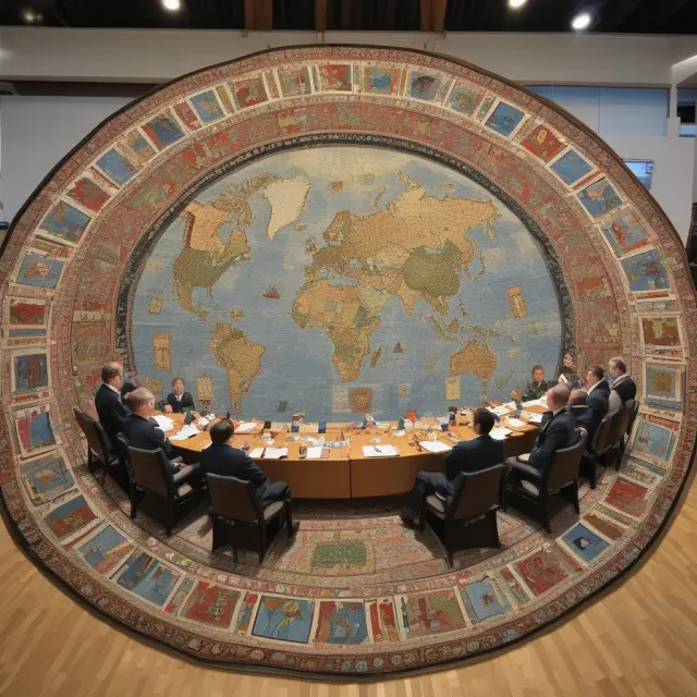 A round table filled with intricate tapestries, symbolizing the G-8 nations: U.S., UK, Canada, Germany, Japan, Italy, and France.