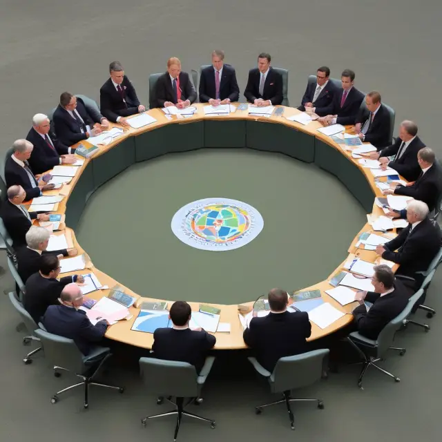 G-8 leaders seated at a round table, each holding symbols for economic crises, monetary systems, climate change, and international security.