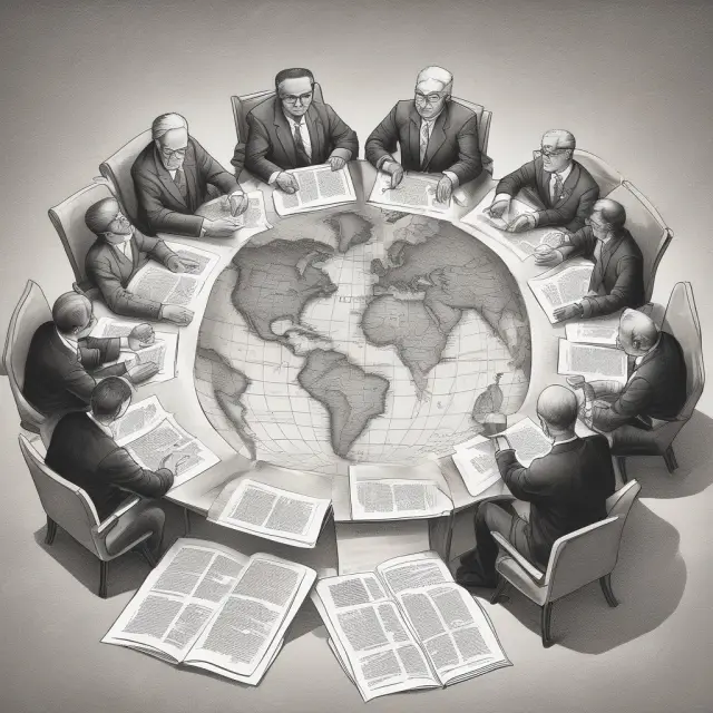 Leaders from influential nations discuss global issues around a circular table, creating consensus without binding agreements.