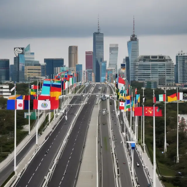 Bridge linking seven G-8 towers with three emerging economy flags, signifying the transition from the G-8 to the more inclusive G20
