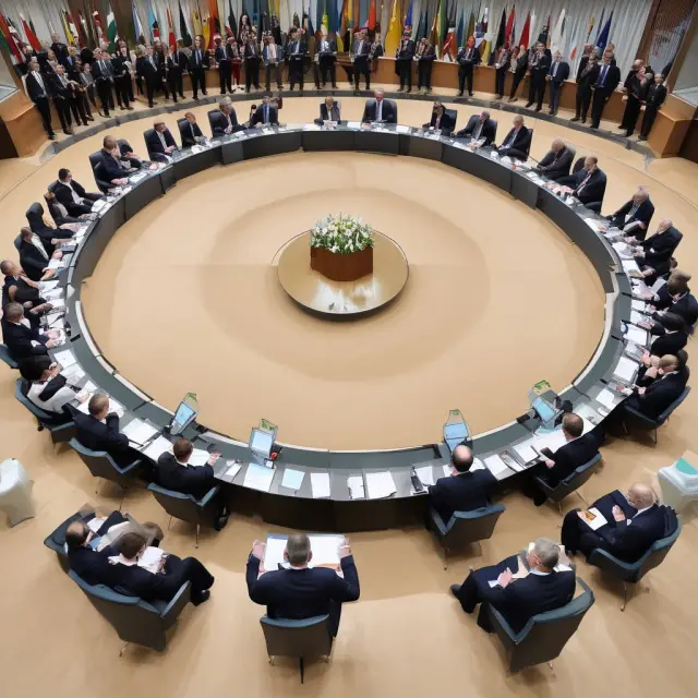 Global leaders seated together in a circle at the G-20 forum, fostering economic cooperation and stability.