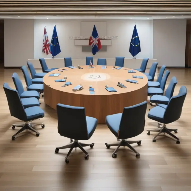 Seven chairs for G-7 nations surrounded by expandable rings for emerging economies - symbolizing international collaboration in policy making.