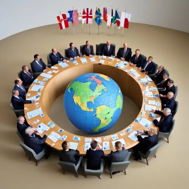 G-7 leaders discussing international issues around a puzzle globe representing global cooperation, with one missing piece symbolizing the absence of Russia and other emerging economies