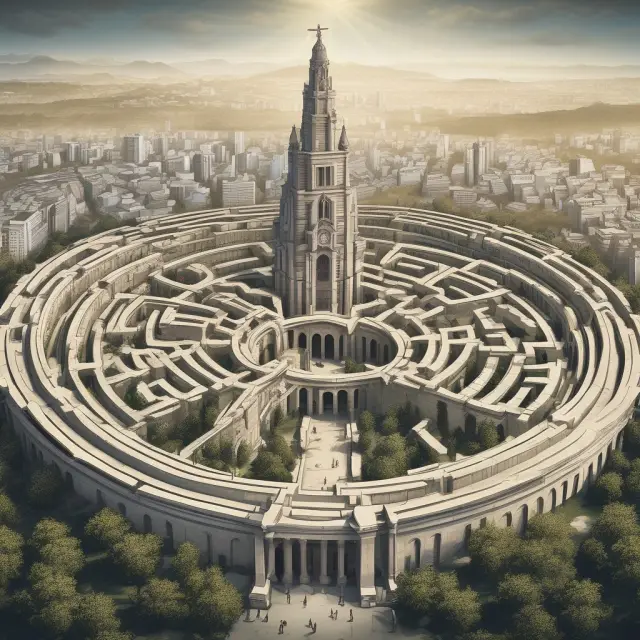 A maze-like labyrinth guides sovereign wealth funds (SWFs) as they follow the Santiago principles, fostering transparency and accountability