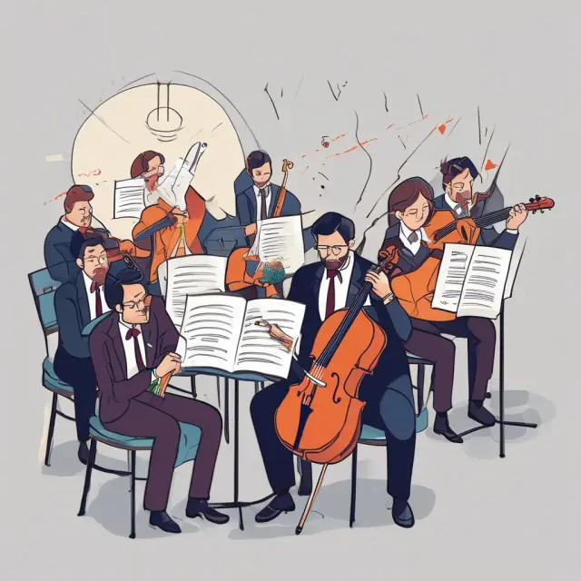 An orchestra conductor, symbolizing FASB, leading various instruments representing diverse GAAP components, promoting financial reporting harmony