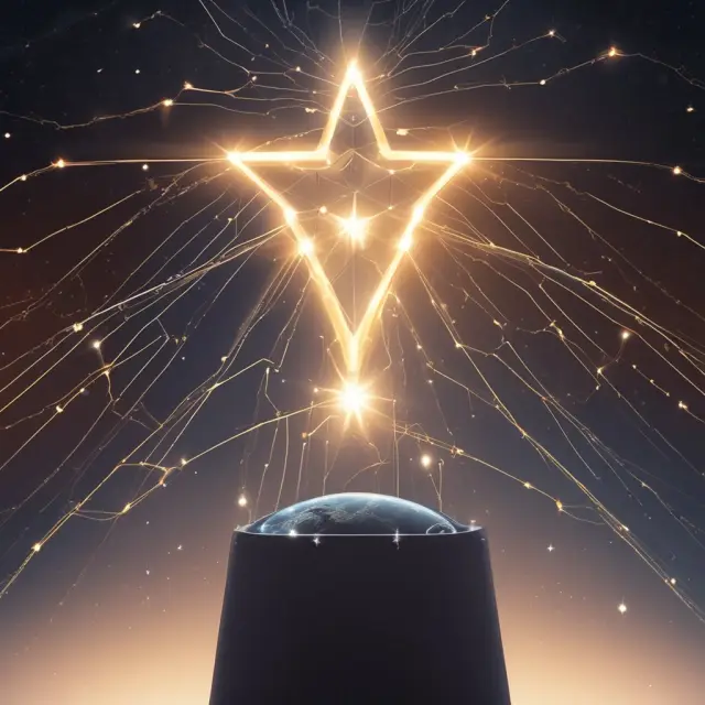 Five stars symbolizing Apple, Google, Microsoft, Amazon, and Meta (Facebook) in a constellation, representing their historical growth and influence on the tech industry